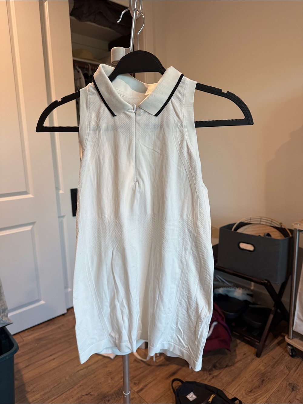 Athleta White Sleeveless Polo Tank with Black Collar Trim